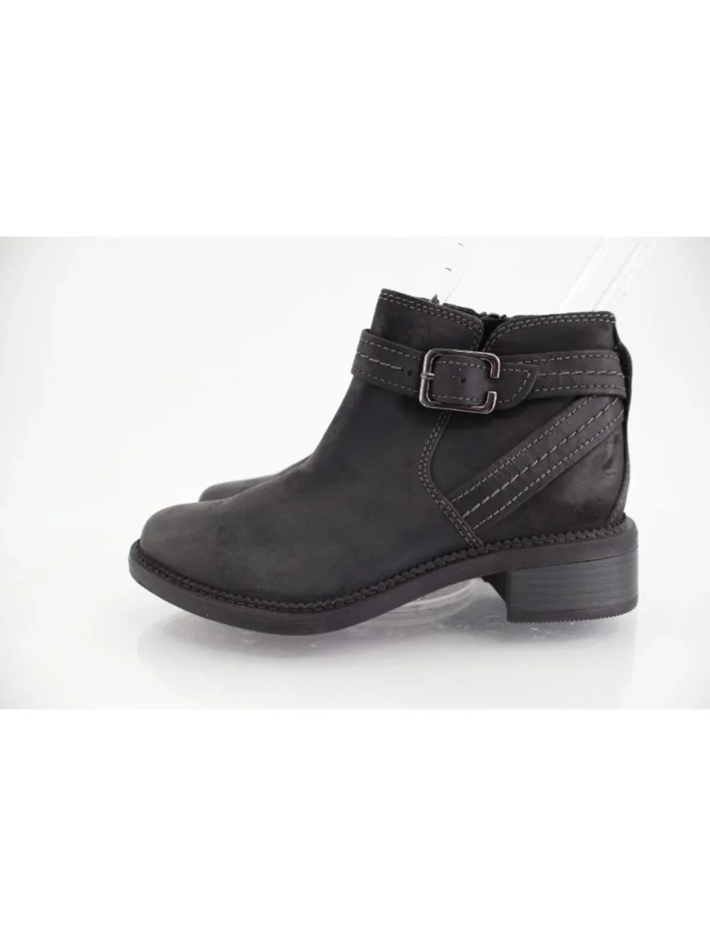 Clarks Womens Maye Strap Boot Size 5 M Black Leather Bootie Chunky Low Heel